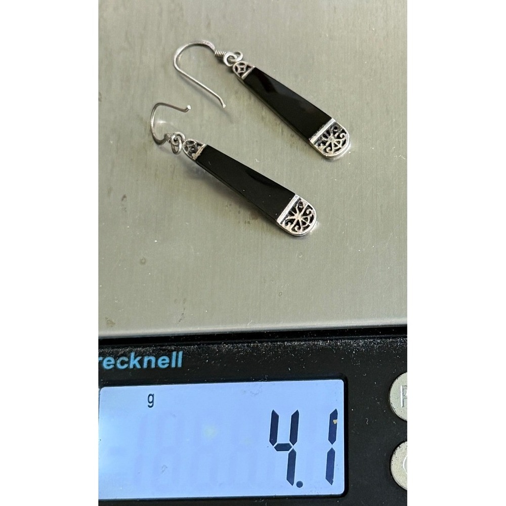 Vintage Sterling Silver Earrings Black Glass Drop Art Deco Style 925 1.25" - Picture 7 of 7